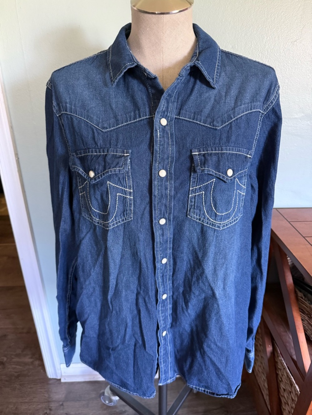 True Religion Mens Denim Pearl Snap Western Button Down Shirt Size Medium